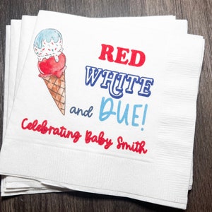 Red White and Due Firecracker Gender Reveal July 4th Baby Shower Personalized Cocktail or Luncheon Napkins, Set of 25