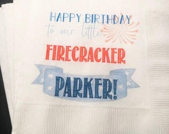 Little Firecracker Birthday 4th of July Birthday Party Personalized Napkins, Set of 25