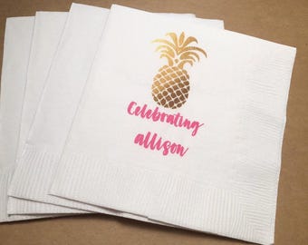 Gold Pineapple Tropical Pink Bridal Shower Birthday Party Personalized Cocktail, Luncheon or Dinner Napkins Set of 25