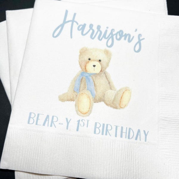 Teddy Bear Birthday Beary 1st Birthday First Birthday Bear Personalized Cocktail, Luncheon or Dinner Napkins Set of 25