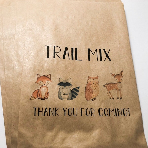 Trail Mix Woodland Animal Baby Shower Floral Woodland Kraft Favor Bags Treat Bags, Set of 10