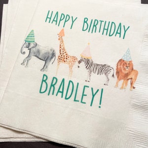 Party Animals Animal Parade Safari Jungle Birthday Party Personalized Cocktail, Luncheon or Dinner Napkins Set of 25