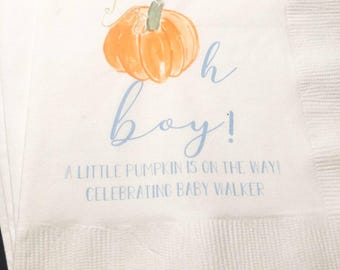 Pumpkin Oh Boy Little Pumpkin On The Way Shower Pumpkin Autumn Baby Personalized Cocktail, Luncheon or Dinner Napkins Set of 25
