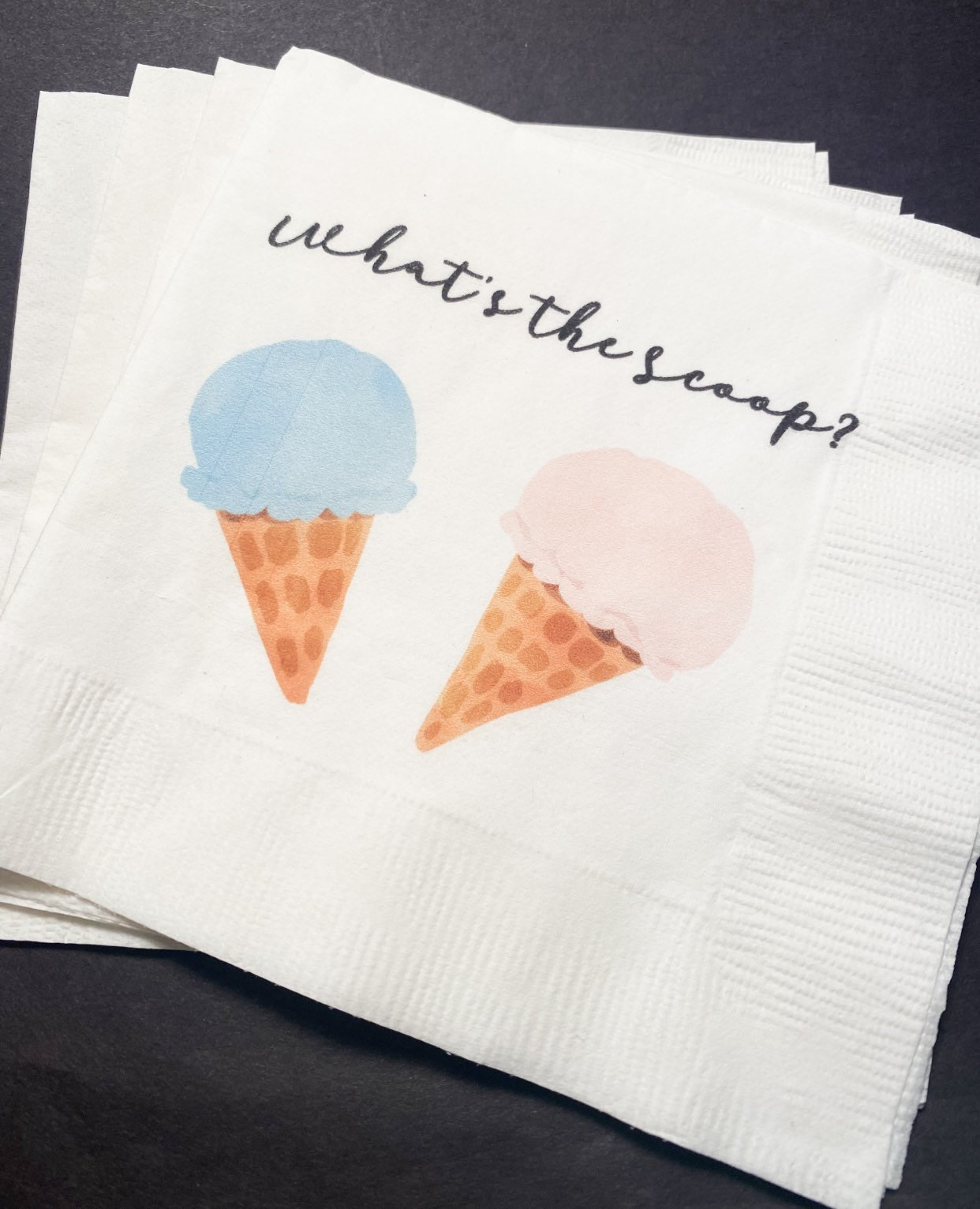 Whats the Scoop Gender Reveal Ice Cream Baby Reveal Pink Blue Ice Cream Cocktail Luncheon or Dinner Napkins Set of 25