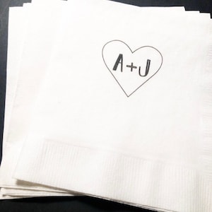 Heart Initials Bridal Shower Wedding Personalized Cocktail, Luncheon or Dinner Napkins Set of 25