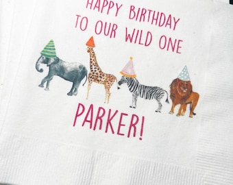 Party Animals Wild One Animal Parade Safari Jungle Birthday Party Personalized Cocktail, Luncheon or Dinner Napkins Set of 25