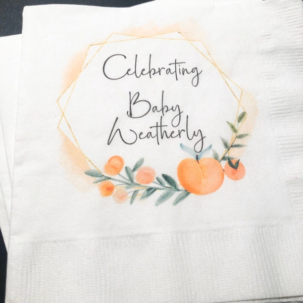 Peach Baby Shower Spring Summer Shower Personalized Cocktail, Luncheon or Dinner Napkins Set of 25