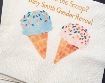What’s the Scoop Gender Reveal Ice Cream Baby Reveal Pink Blue Ice Cream Personalized Cocktail, Luncheon or Dinner Napkins Set of 25