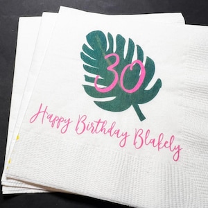 Palm Leaf 30th Birthday Tropical Palm Party Summer Birthday Personalized Cocktail, Luncheon or Dinner Napkins Set of 25