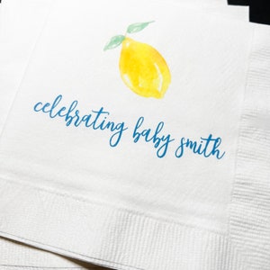 Lemon Baby Shower Spring Summer Baby  Shower Blue Yellow Personalized Cocktail, Luncheon or Dinner Napkins Set of 25