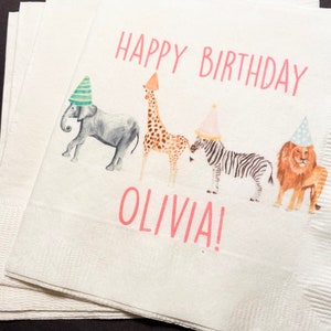 Party Animals Animal Parade Safari Jungle Birthday Party Personalized Cocktail, Luncheon or Dinner Napkins Set of 25