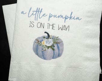 A Little Pumpkin Is On The Way Boy Blue Pumpkin Fall Baby Shower Blue Pumpkin Cocktail, Luncheon or Dinner Napkins Set of 25