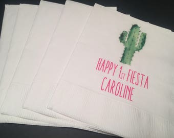 Personalized Cactus First Birthday Fiesta Succelents Girl Birthday Party Cocktail or Luncheon Napkins, Set of 25