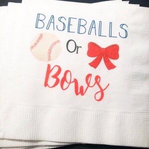 Baseballs or Bows Gender Reveal Baby Shower Navy Red  Custom Cocktail, Luncheon or Dinner Napkins Set of 25