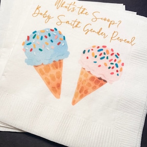 What’s the Scoop Gender Reveal Ice Cream Baby Reveal Pink Blue Ice Cream Personalized Cocktail, Luncheon or Dinner Napkins Set of 25