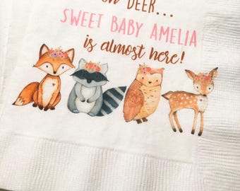 Woodland Animal Oh Deer Fox Owl Girl Baby  Shower Floral Crown Personalized Fall Cocktail, Luncheon or Dinner Napkins Set of 25