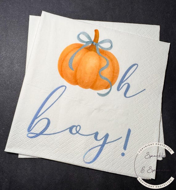 Pumpkin Oh Boy Little Pumpkin On The Way Shower Blue Bow Pumpkin Autumn Baby Fall Baby Shower Cocktail, Luncheon or Dinner Napkins Set of 25