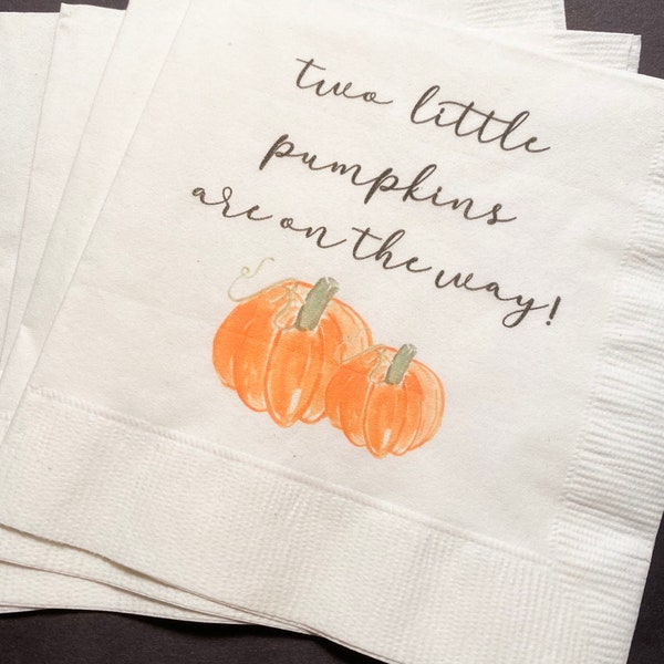 Two Little Pumpkins Are On The Way Twins Fall Baby Shower Twin Pumpkin Gender Reveal Cocktail, Luncheon or Dinner Napkins Set of 25