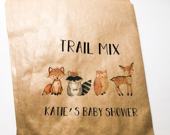 Trail Mix Girl Woodland Animal Baby Shower Floral Woodland Personalized Kraft Favor Bags Treat Bags, Set of 10