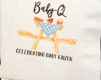 Baby-Q Baby Barbecue Baby Shower Gender Reveal Summer Cookout Personalized Cocktail, Luncheon or Dinner Napkins Set of 25