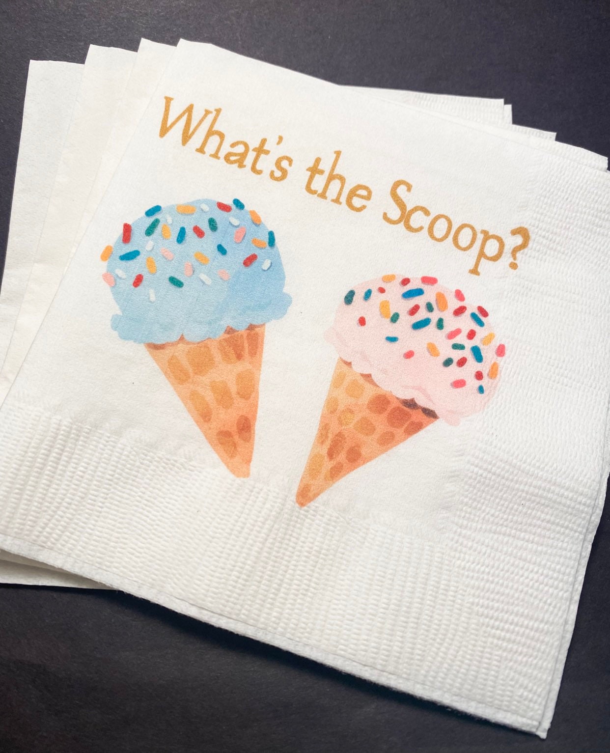 Whats the Scoop Gender Reveal Ice Cream Baby Reveal Pink Blue Ice Cream Cocktail Luncheon or Dinner Napkins Set of 25