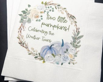 Two Little Pumpkins Are On The Way Twins Fall Baby Shower Twin Gender Reveal Personalized Cocktail, Luncheon or Dinner Napkins Set of 25