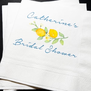 Lemon Bridal Shower Spring Summer Wedding Blue Yellow Personalized Cocktail, Luncheon or Dinner Napkins Set of 25