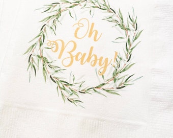 Spring Baby Shower Oh Baby! Rustic Baby Shower Greenery Natural Gender Neutral Cocktail, Luncheon or Dinner Napkins Set of 25