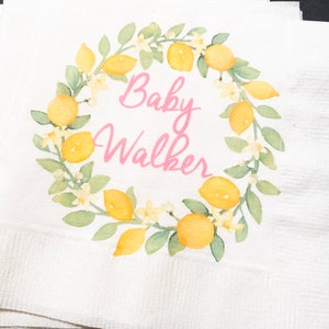 Lemon Baby Shower Spring Summer Baby Shower Personalized Cocktail, Luncheon or Dinner Napkins Set of 25 image 1