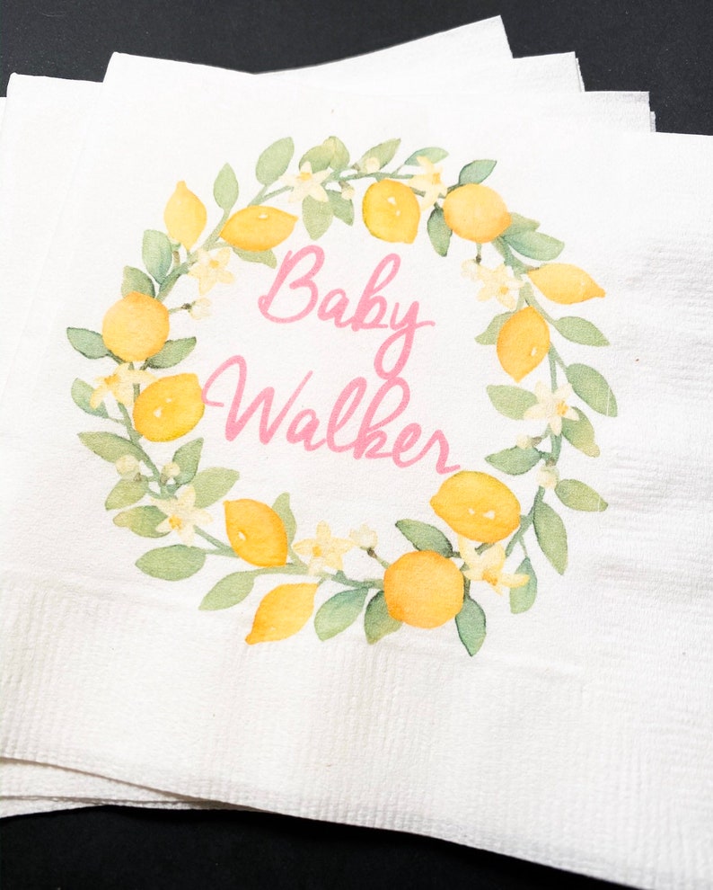 Lemon Baby Shower Spring Summer Baby Shower Personalized Cocktail, Luncheon or Dinner Napkins Set of 25 image 1