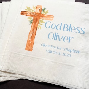 Baptism Christening God Bless Celebration Party Personalized Cocktail, Luncheon or Dinner Napkins Set of 25