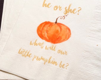 Fall Pumpkin Gender Reveal He or She What Will Little Pumpkin Be Baby Shower Cocktail, Luncheon or Dinner Napkins Set of 25