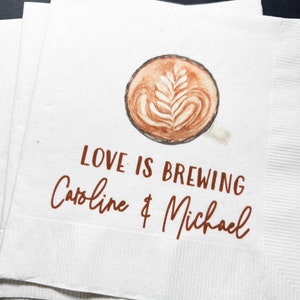 Coffee Bar Wedding Coffee Bridal Shower Perfect Blend Love is Brewing Personalized Cocktail, Luncheon or Dinner Napkins Set of 25