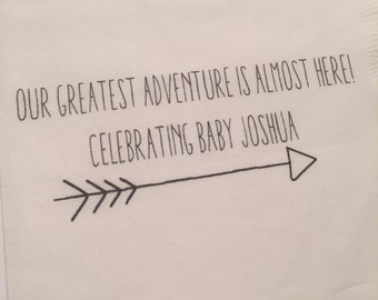 Greatest Adventure Begins Baby Shower Personalized Cocktail, Luncheon or Dinner Napkins Set of 25