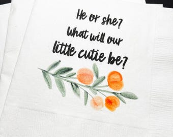 Clementine Cutie Baby Shower He or She What Will Little Cutie Be Little Cutie On the Way Gender Reveal Cocktail Napkins, Set of 25
