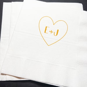 Heart Initials Bridal Shower Wedding Personalized Cocktail, Luncheon or Dinner Napkins Set of 25