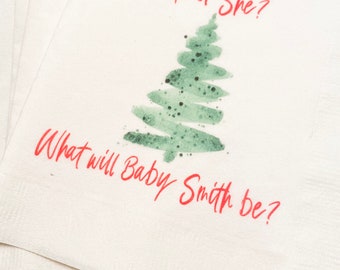 Christmas Gender Reveal He or She Winter December Baby Reveal Personalized Cocktail, Luncheon or Dinner Napkins Set of 25