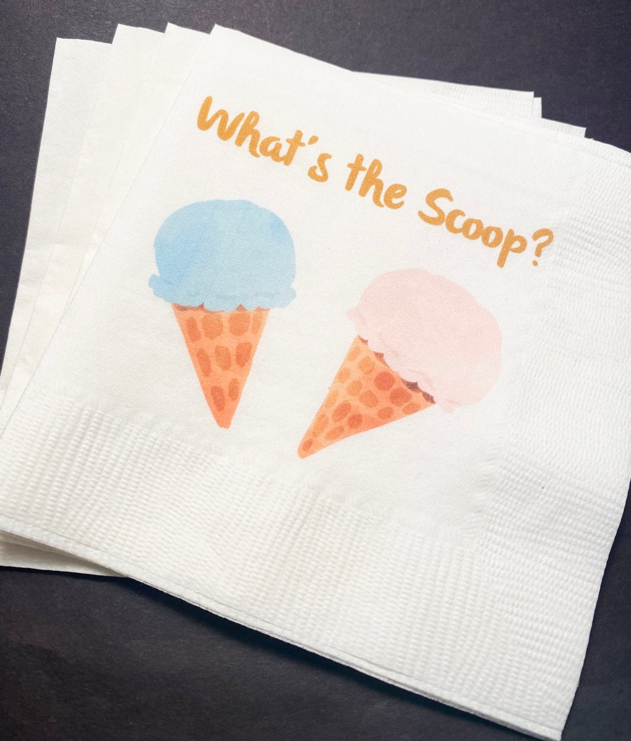 Whats the Scoop Gender Reveal Ice Cream Baby Reveal Pink Blue Ice Cream Cocktail Luncheon or Dinner Napkins Set of 25