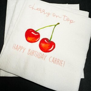 Cherry Birthday Cherry First Birthday Summer Birthday Cherry on Top Personalized Cocktail, Luncheon or Dinner Napkins Set of 25