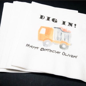 Construction Birthday Dig In Boy Party Personalized Cocktail, Luncheon or Dinner Napkins Set of 25