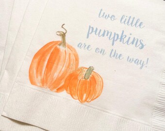 Two Little Pumpkins Are On The Way Twins Fall Baby Shower Twin Pumpkin Gender Reveal Cocktail, Luncheon or Dinner Napkins Set of 25