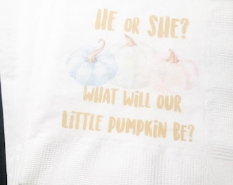 Fall Pumpkin Gender Reveal He or She What Will Little Pumpkin Blue Pink White Pumpkin Baby Shower Cocktail or Luncheon Napkins, Set of 25
