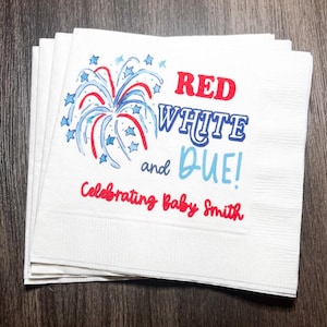 Red White and Due Firecracker Gender Reveal July 4th Baby Shower Personalized Cocktail or Luncheon Napkins, Set of 25