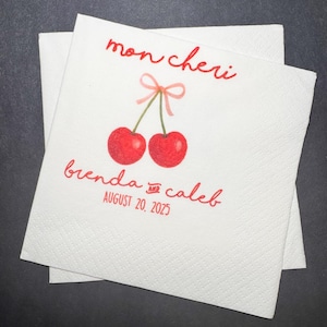 Mon Cheri Cherry Bridal Shower Pink Bow Cherry Engagement Party Bridal Shower Personalized Cocktail, Luncheon or Dinner Napkins Set of 25