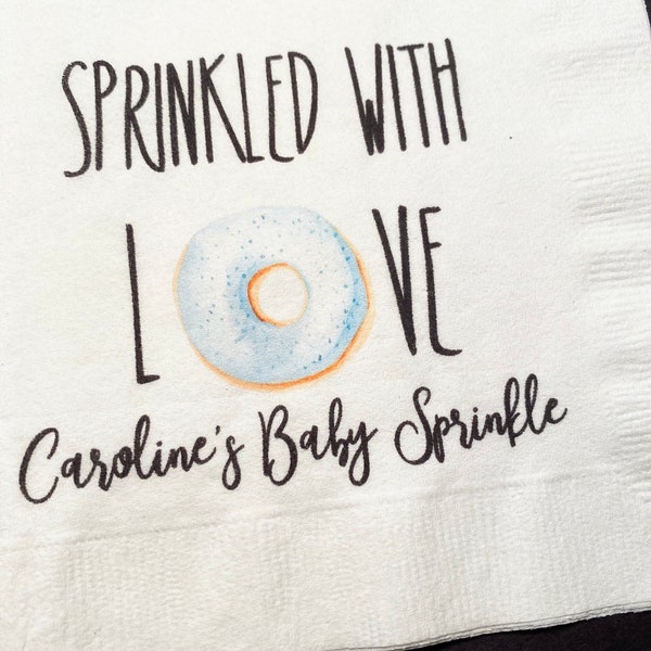 Donut Sprinkled with Love Boy Baby Sprinkle Baby Shower Brunch Blue Personalized Gender Reveal Cocktail or Luncheon Napkins, Set of 25