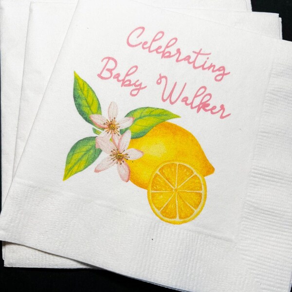 Lemon Baby Shower Spring Summer Baby  Shower Personalized Cocktail or Luncheon Napkins, Set of 25