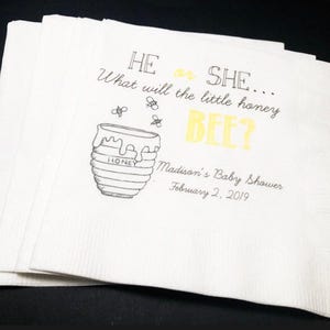 He or She What Will the Little Honey Bee Gender Reveal Personalized Bee Honey Themed Baby Shower Cocktail or Luncheon Napkins, Set of 25