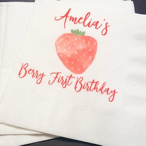 Strawberry Birthday Berry First Birthday Summer Birthday Party Girl Personalized Cocktail, Luncheon or Dinner Napkins Set of 25