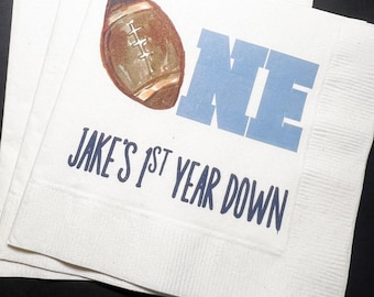Football Birthday 1st Year Down Personalized Cocktail, Luncheon or Dinner Napkins Set of 25