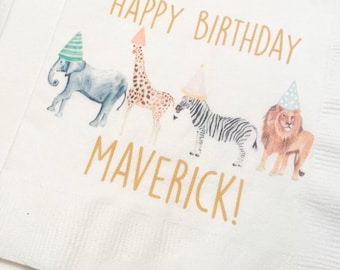 Party Animals Animal Parade Safari Jungle Birthday Party Personalized Cocktail, Luncheon or Dinner Napkins Set of 25